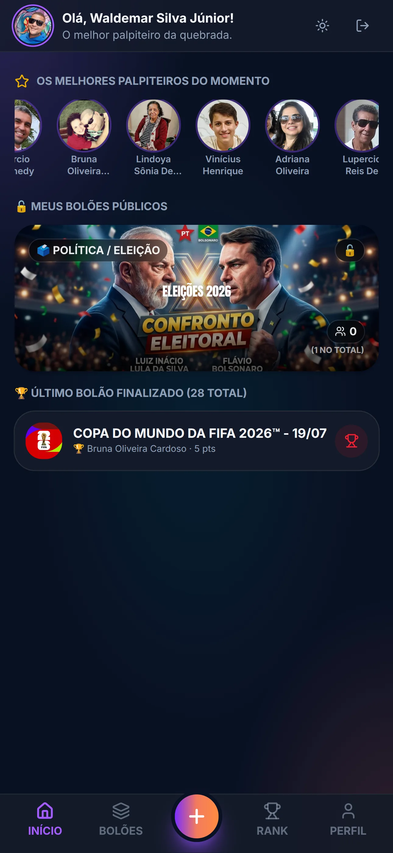 Tela de palpite com confronto, placar e botão para enviar