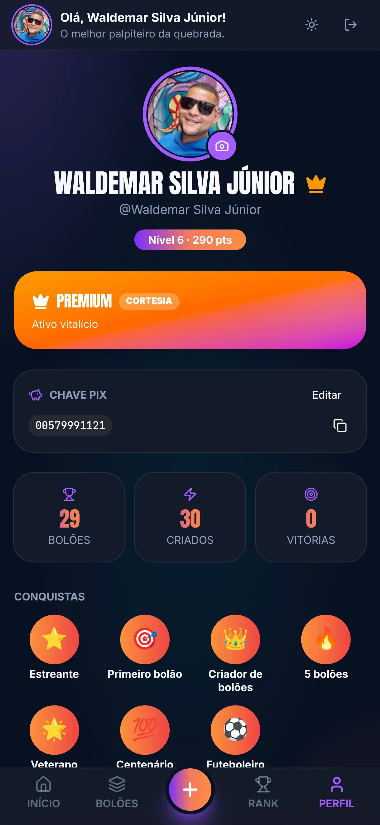 Tela de perfil com estatísticas do jogador